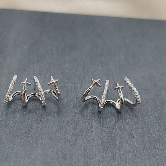 Platinum Plated Shooting Stars Earring Stud Cuff CZ - Picture 8 of 11